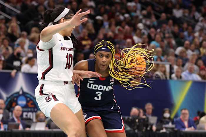 UConn Huskies forward Aaliyah Edwards dribbles the ball against South Carolina Gamecocks center Kamilla Cardoso